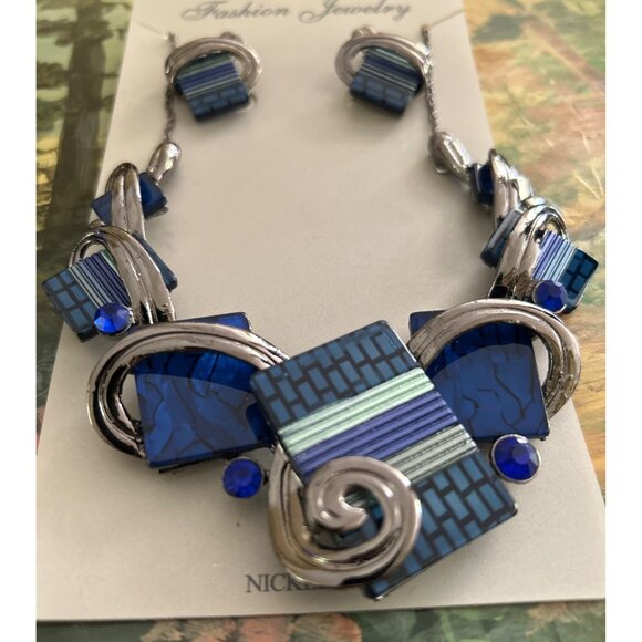 Contemporary Blue Geometric Art Deco Necklace & Earring Set Nickel Free - Picture 2 of 6